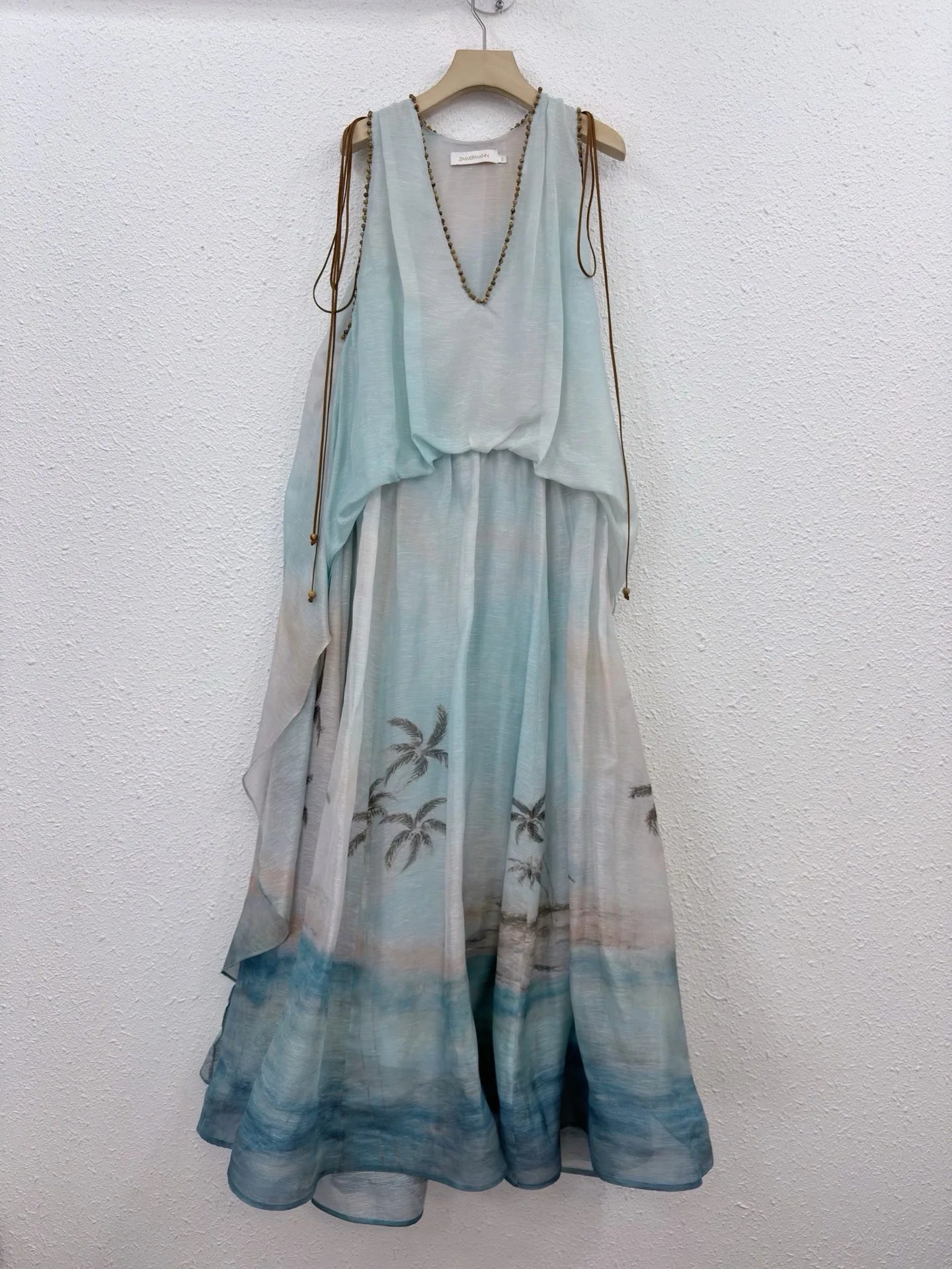 Zimm Vintage Bohemian Printing V-Neck Silk Linen Women Sleeveless Midi Dress Elegant Luxury Runway Designer Sweet