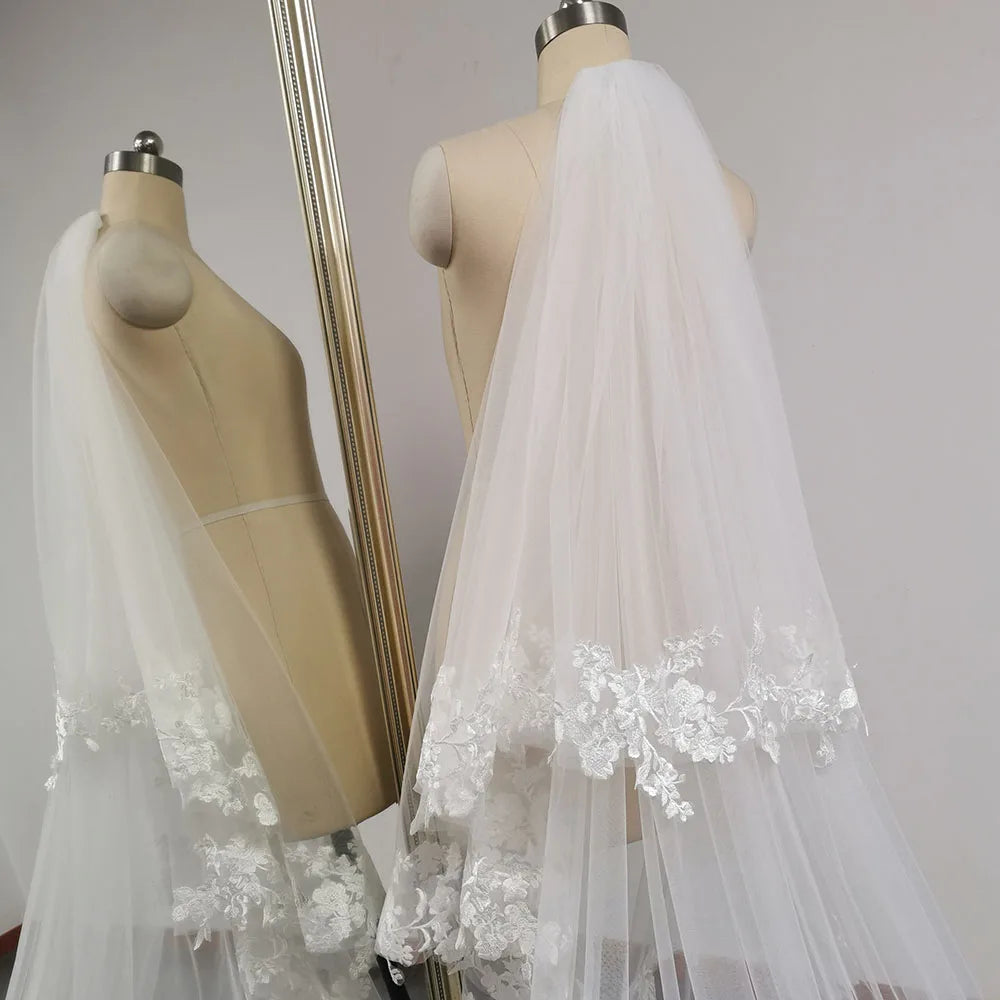 Customized Real Photos 3m/3.5m/4m Lace Edge Wedding Veil with Blusher 2 Tiers  Comb Ivory/White  for Wedding