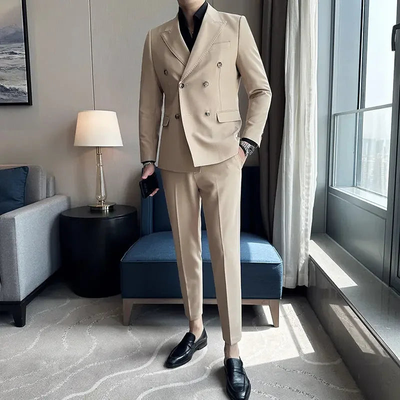 Spring Autumn 2 Piece   Male Double Breasted Classic Gentleman  Luxury