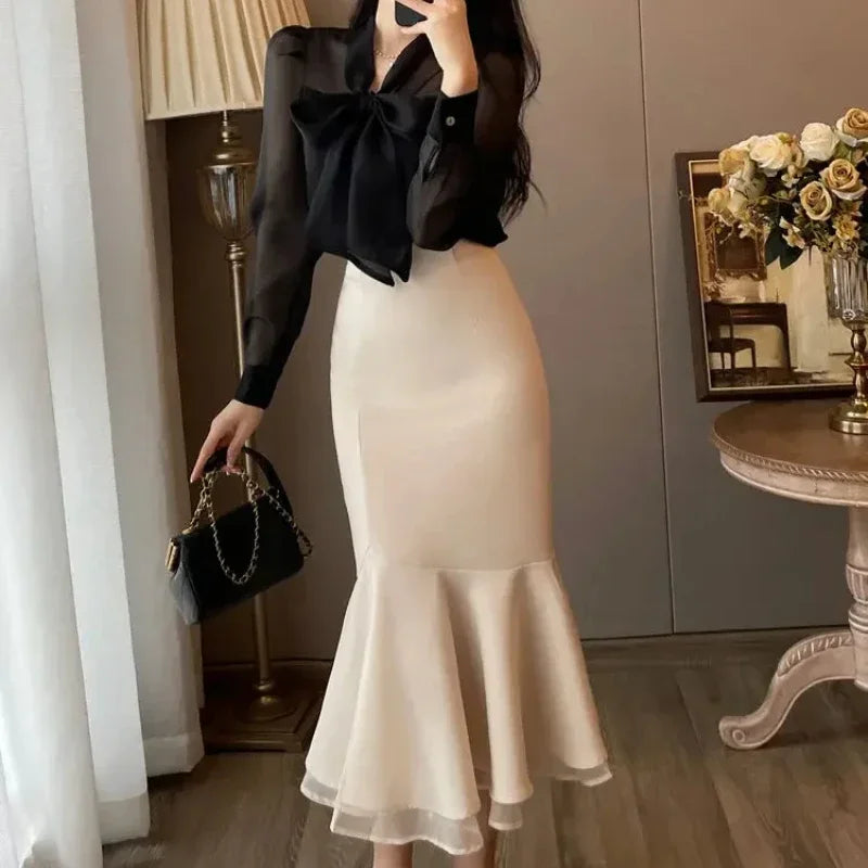 Woman Long Sleeve Dress Bow Dresses for Women Splicing Korean Style Elegant Party Xxl New In Retro Curvy Thic Chic Kpop Pretty X