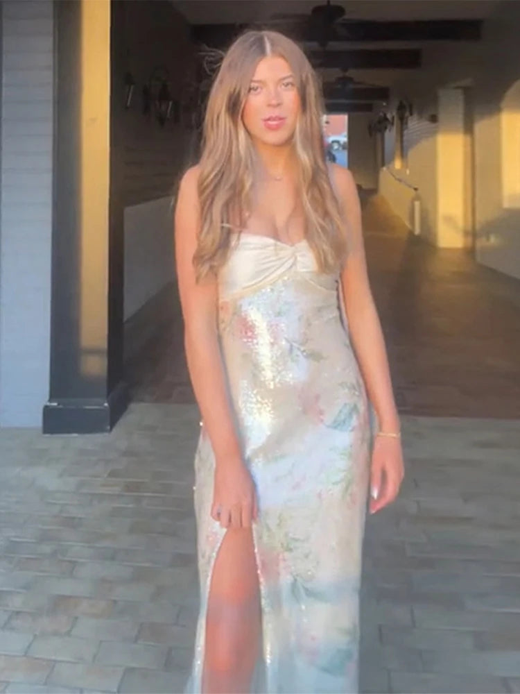 Printed Sequin Strapless Dress Silk Satin Patchwork Split Waist Cinching Slim Fit Floral Beach Holiday Long Dresses Party Robes