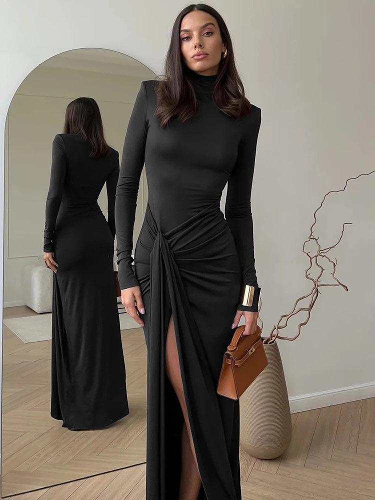 Mozision Turtleneck Thigh High Split Sexy Maxi Women Fashion Long Sleeve Draped Bandage Bodycon Club Long Dress