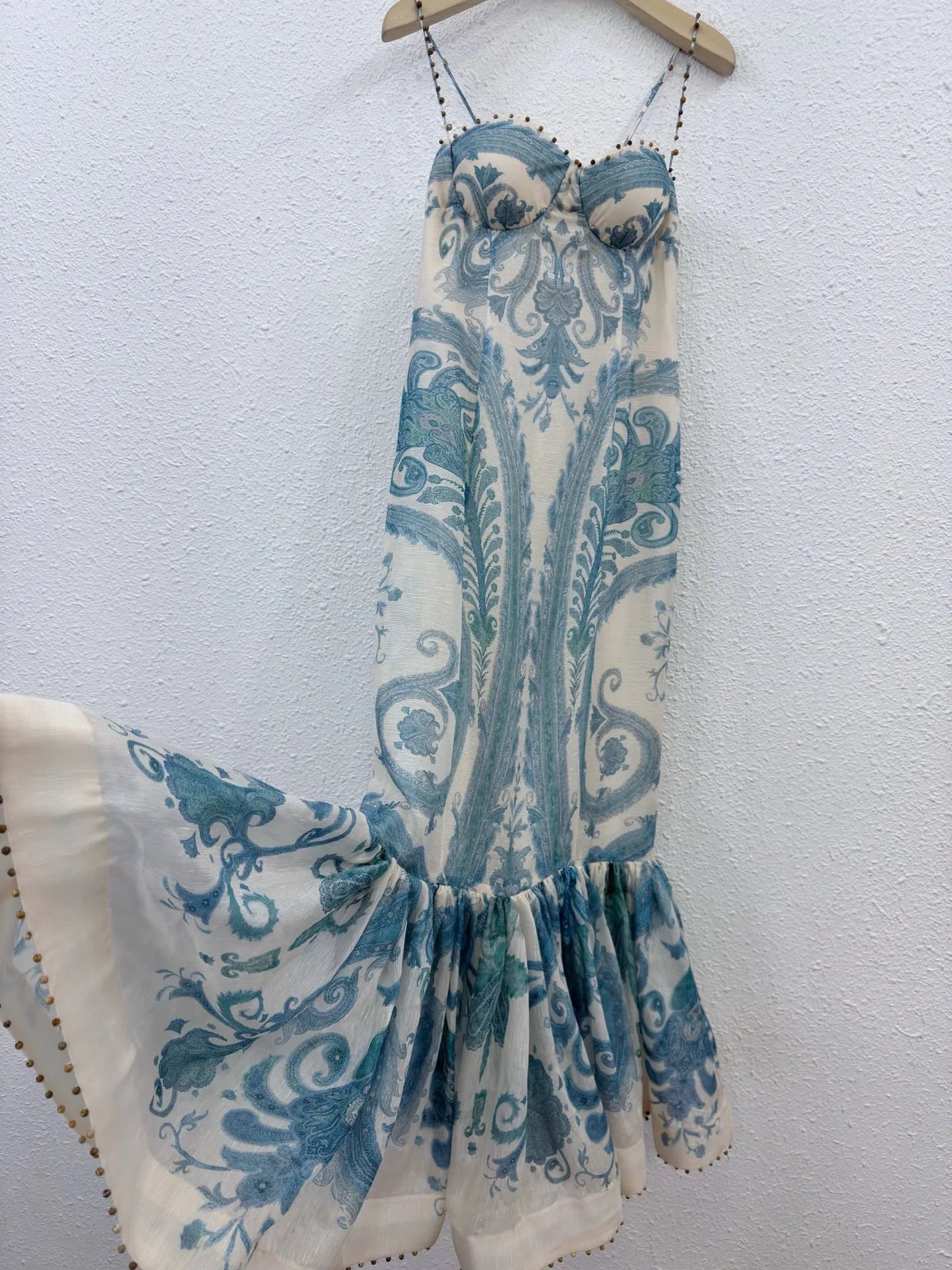 Zimm Silk Linen Embroidered Flares Printing Spaghetti Strap Women Midi Dress European High Quality Bohemian Vintage Sexy Sweet