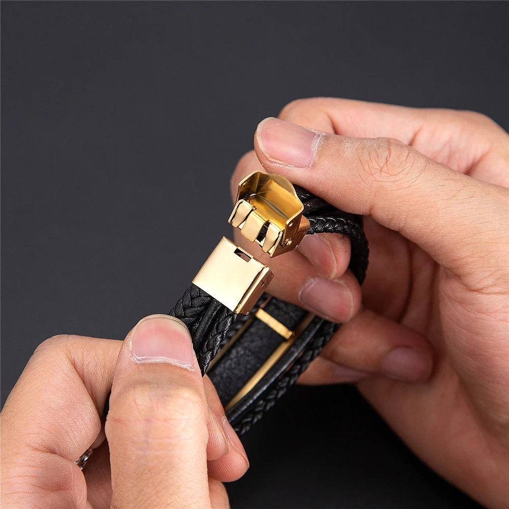 New Fashion Brand Bracelet Stainless Steel Men's Bracelet Black Charm Leather Bracelet Men's Wristband Simple Jewelry Wholesale