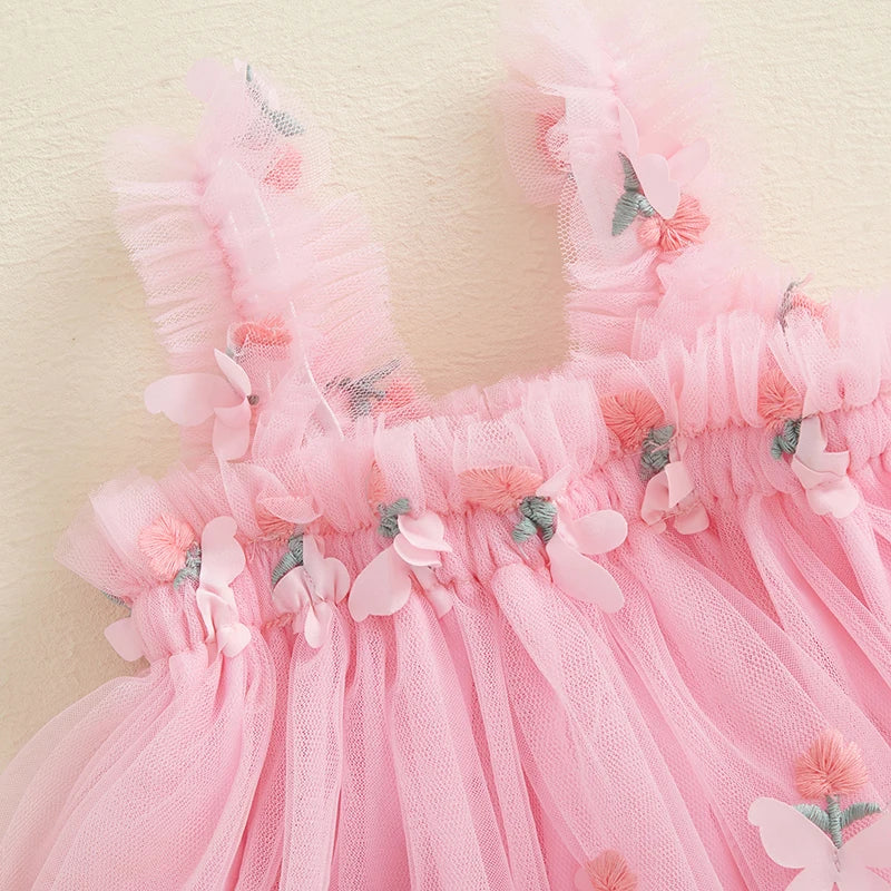 Girls Sleeveless Floral Embroidered Tulle Princess Dress with Butterfly Detail - A-Line Summer Slip Dress for Toddlers