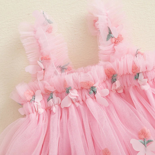 Girls Sleeveless Floral Embroidered Tulle Princess Dress with Butterfly Detail - A-Line Summer Slip Dress for Toddlers