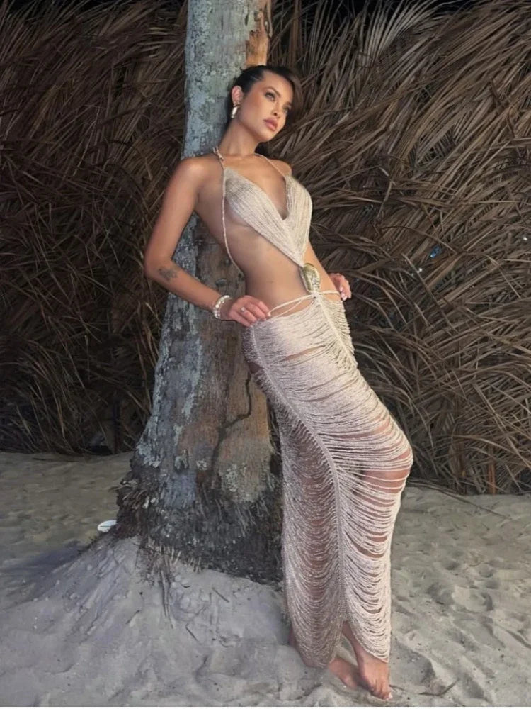 Sexy Halter Shell Tassel Hollow Out Summer Dress Women Bandage Backless See Though Maxi Dress Female Club Party Dress Robe 2025