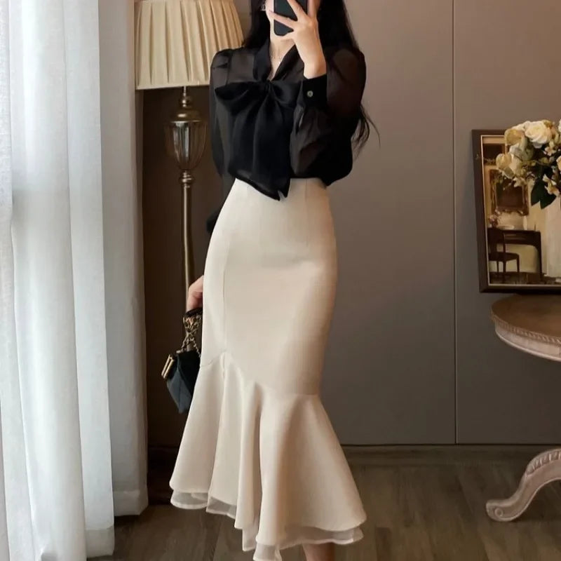 Maxi Sexy Women's Two Piece Set Party Black Long Sleeve Skirt Female Outfits Slit Vintage Clothing New Arrivals in The Same Full
