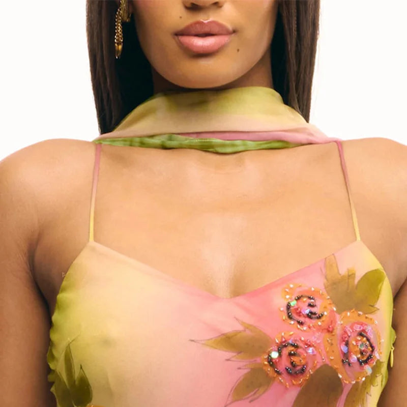 Elegant Folded Lotus Leaf Edge Irregular Hem Dresses Colorful Flowers Sleeveless Slimming Sexy Vestidos Summer High Street Robe