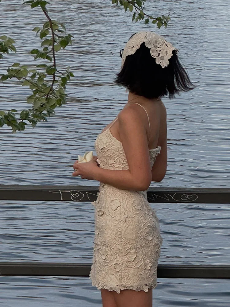 Lace Flower Halter Women Short Dress Crochet Deep V Suspender Sexy Backless Strap Gown Cinched Waist Slimming Camisole Dresses