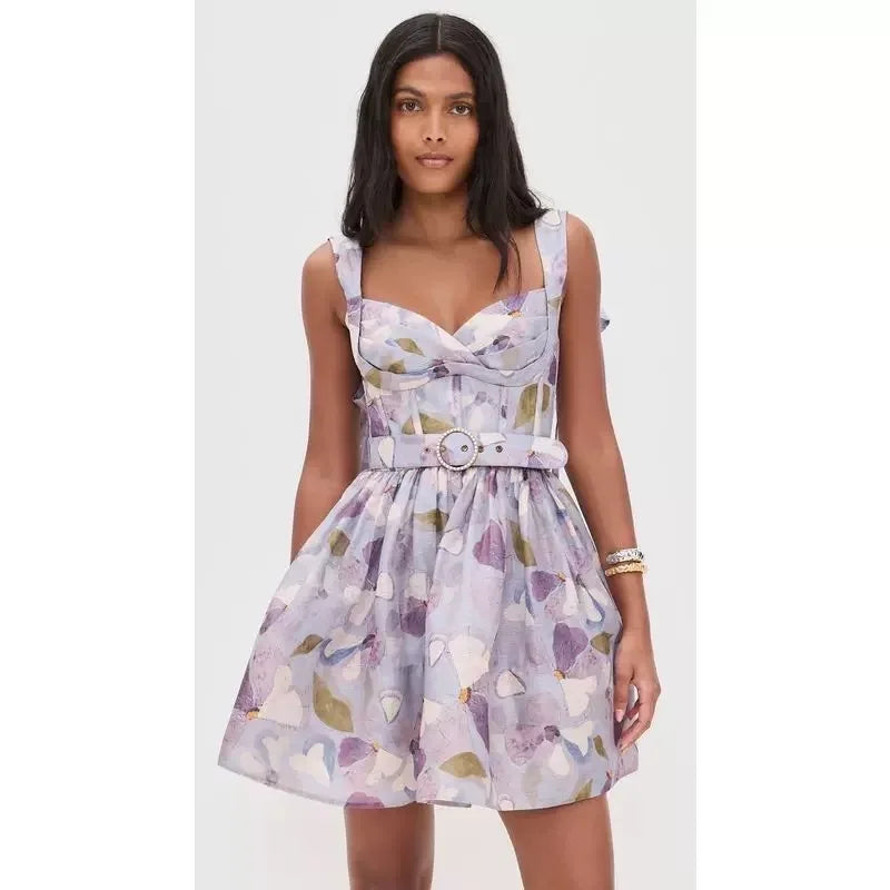 Zimm High Quality Lace-up Women Silk Linen Printing Spaghetti Strap Mini Dress with Belt European Bohemian Vintage Sexy Sweet