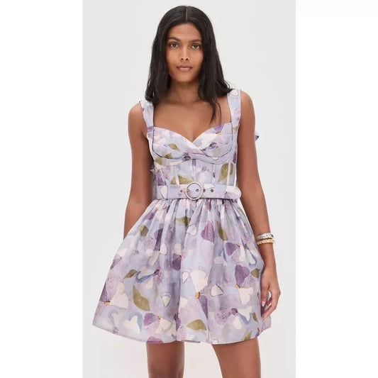 Zimm High Quality Lace-up Women Silk Linen Printing Spaghetti Strap Mini Dress with Belt European Bohemian Vintage Sexy Sweet