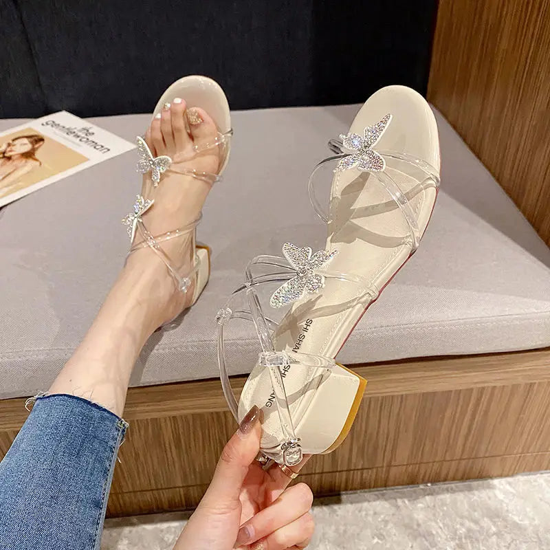Sandals for Women Clear Bow Party Weddings Transparent Woman Shoes Diamond with Low Heels Rhinestones Jelly Asian Size on Sale H