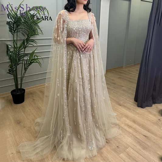 MisShow 2025 Customized Nude Elegant A Line Luxury Crystals Beaded Arabic Evening Dresses Gowns for Formal Occasion