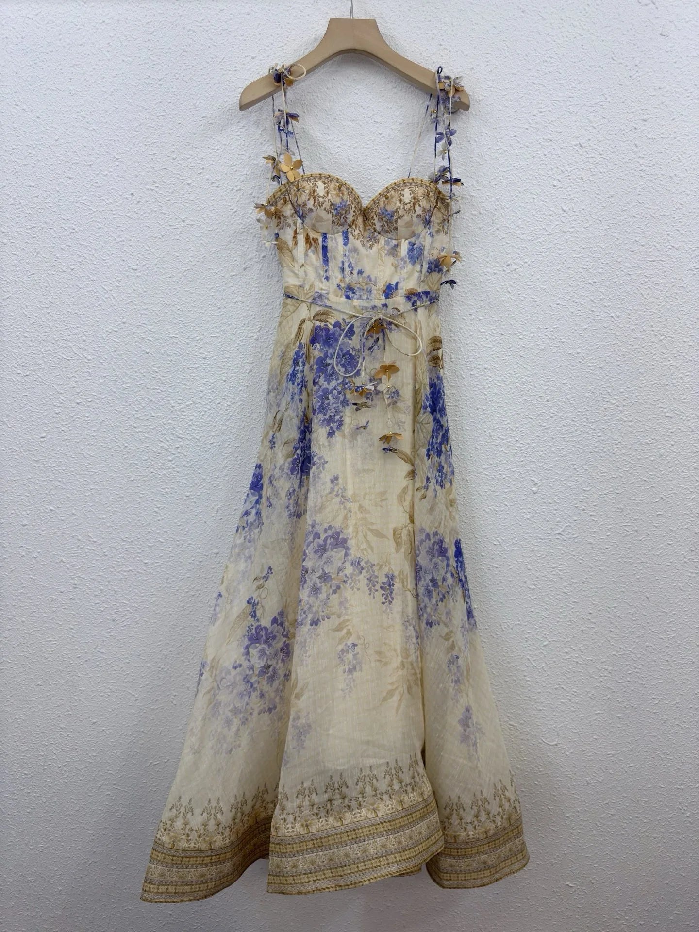 Zimm Bohemian Vintage Luxury Silk Linen Floral Printing Spaghetti Strap Midi Women Dress Chic European High Quality  Sexy Sweet