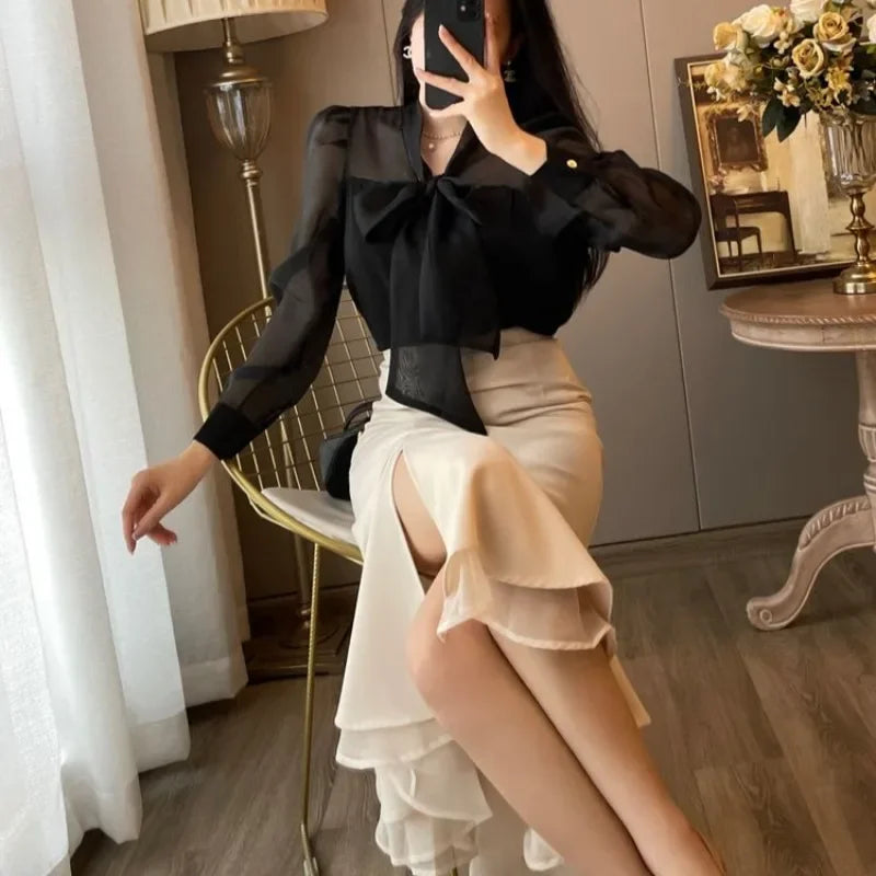 Maxi Sexy Women's Two Piece Set Party Black Long Sleeve Skirt Female Outfits Slit Vintage Clothing New Arrivals in The Same Full