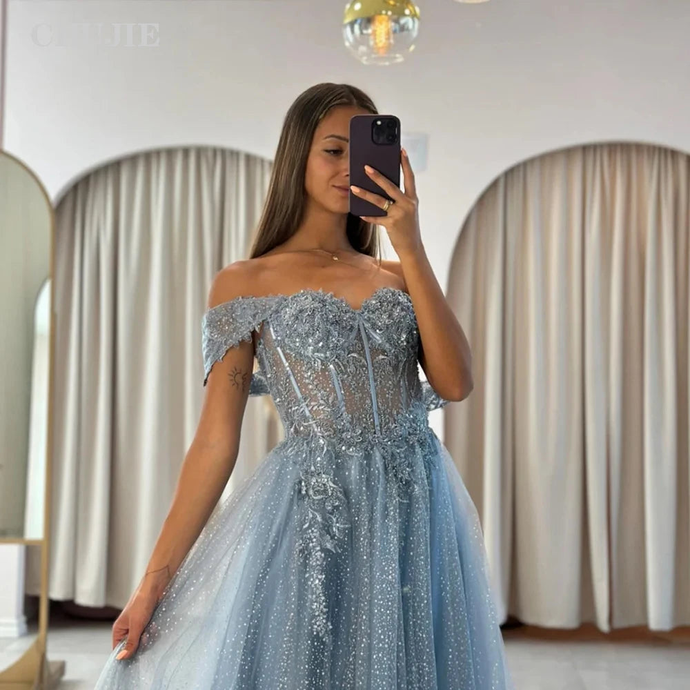Dusty Blue Prom Dresses Woman 2024 Customized Glitter Tulle Evening Party Dress Formal Occasions Wedding Dress فساتين السهرة