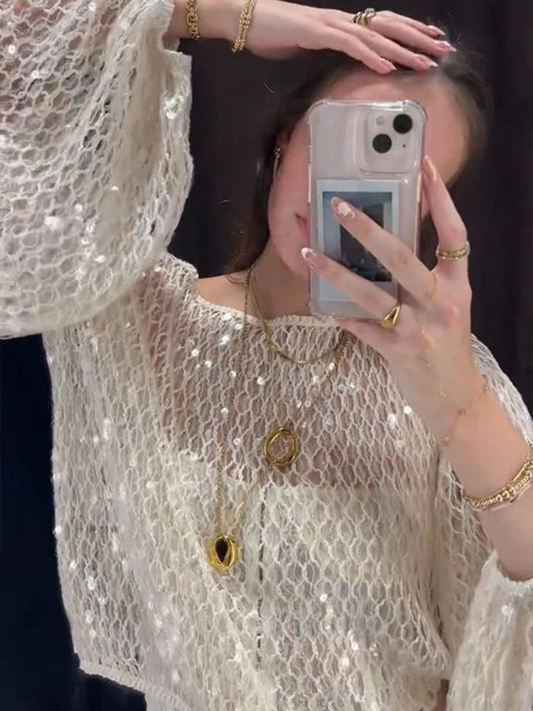 Sequin Mesh Top T-Shirt Knitted Hollowed Out Beads Sparkling Round Neck Long Sleeves Loose Women Short Blouse Knitwear Pullover