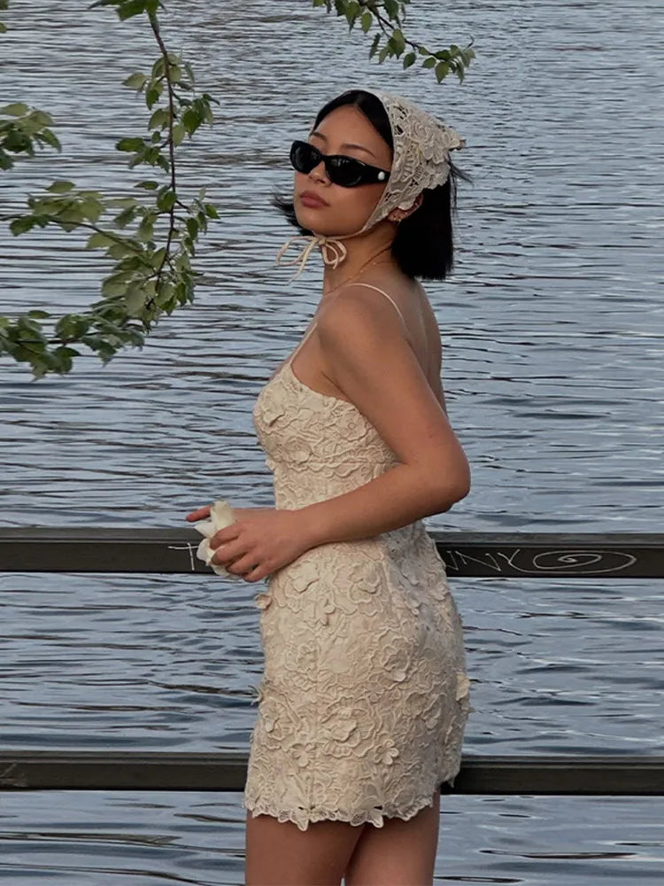 Lace Flower Halter Women Short Dress Crochet Deep V Suspender Sexy Backless Strap Gown Cinched Waist Slimming Camisole Dresses