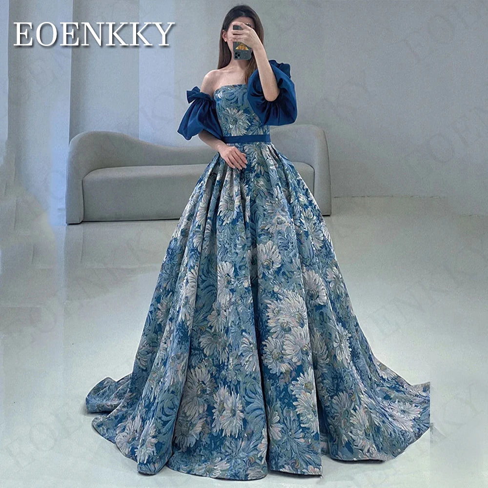 EOENKKY Luxury Floral Print Prom Dresses Blue Removable Puff Sleeves A Line Evening Gowns Formal Floor Length Korean Customized