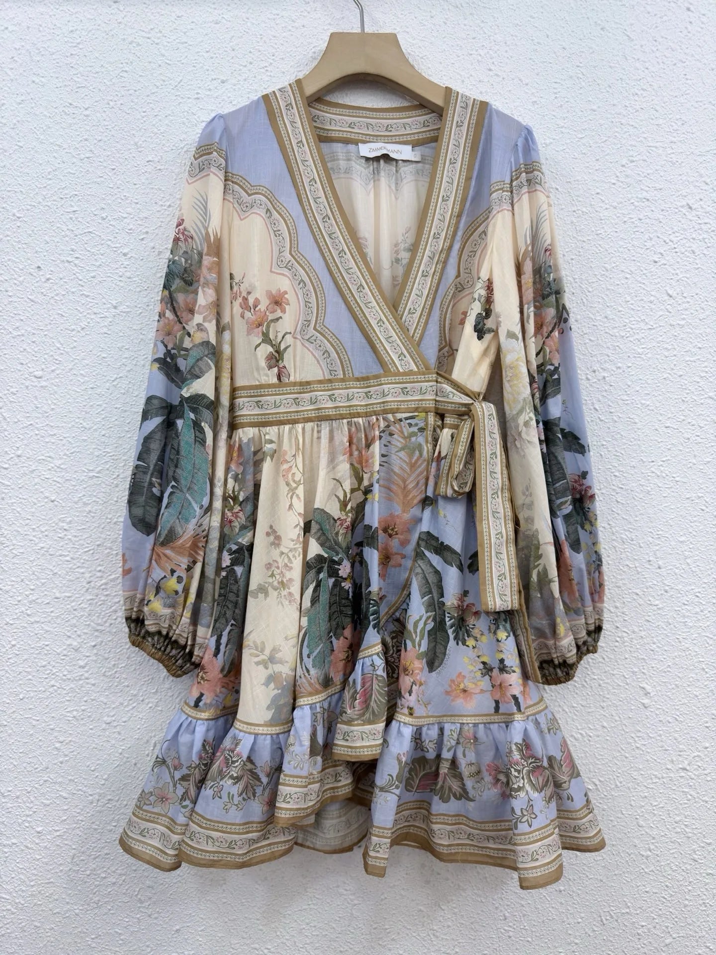 Zimm Long Lantern Sleeve Bohemian Vintage Floral Printing Lace-up Women Mini Dress European High Quality Sexy Sweet Elegant Chic