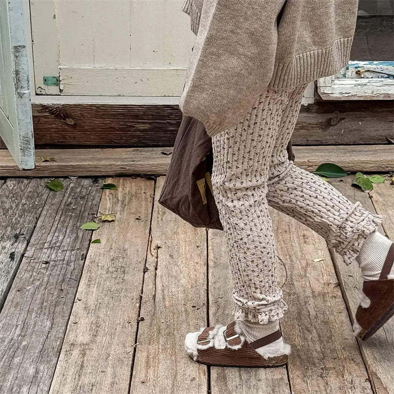 4844 Children Pants 2024 Autumn and Winter New Girls' Winter Plus Velvet Lace Leggings Pants 1-7Year Kid's Pants Trousers