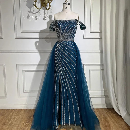 Serene Hill Blue Boat Neck Split Mermaid Elegant Beaded Arabic Evening Dresses Gowns For Party 2024 GLA71858 Customized