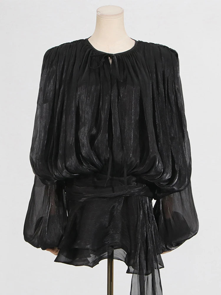 Hollow Out Pleat Ribbon Dress Women Lace Up V-Neck Puff Sleeves Short Puffy Dresses Solid Color Elegant Loose Long Sleeve Dress