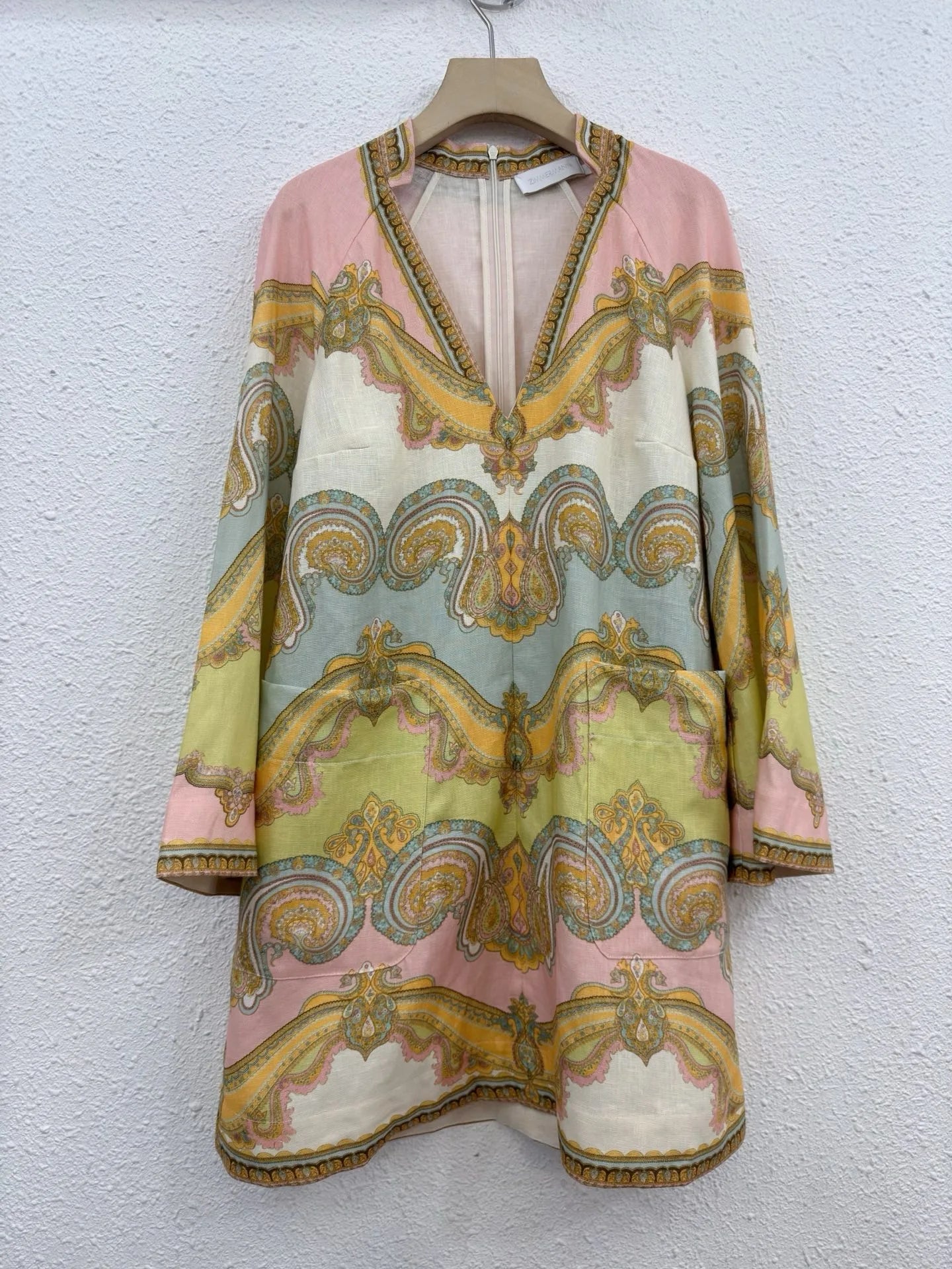 Zimm 100% Linen Luxury European High Quality Women Printing Long Flare Sleeve Mini Dress Bohemian Vintage Sweet Elegant Chic