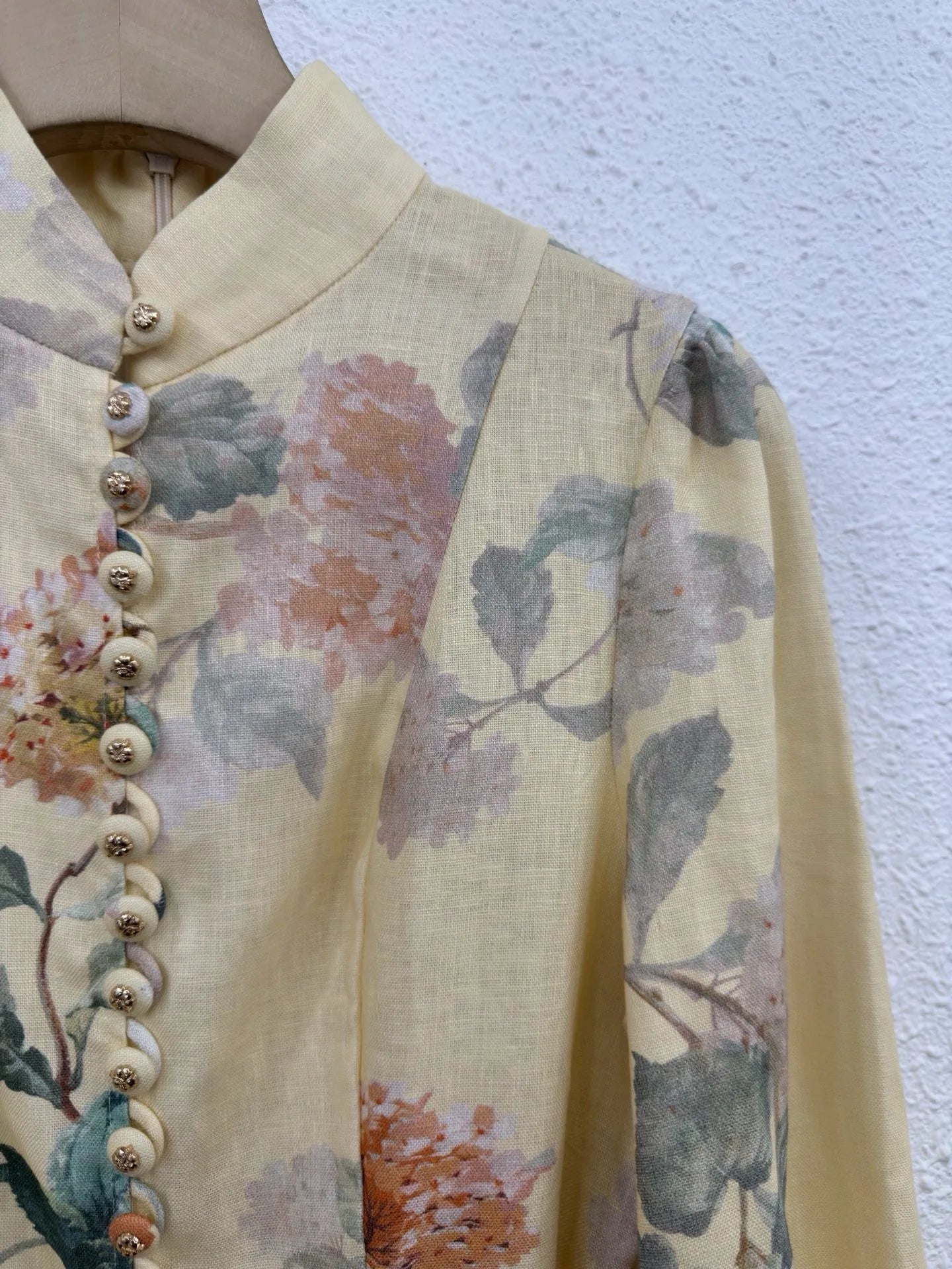 Zimm 100% Linen Long Puff Sleeve Runway Designer Lace-up Floral Printing Women Midi Dress Chic Vintage Bohemian Elegant Luxury