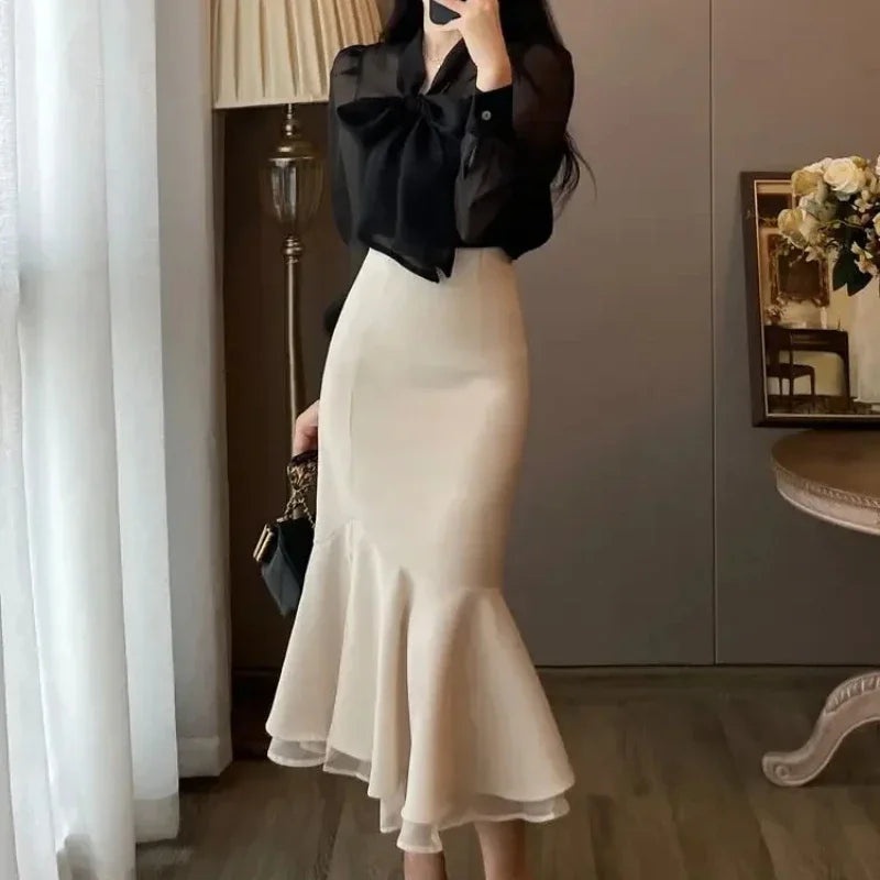 Woman Long Sleeve Dress Bow Dresses for Women Splicing Korean Style Elegant Party Xxl New In Retro Curvy Thic Chic Kpop Pretty X