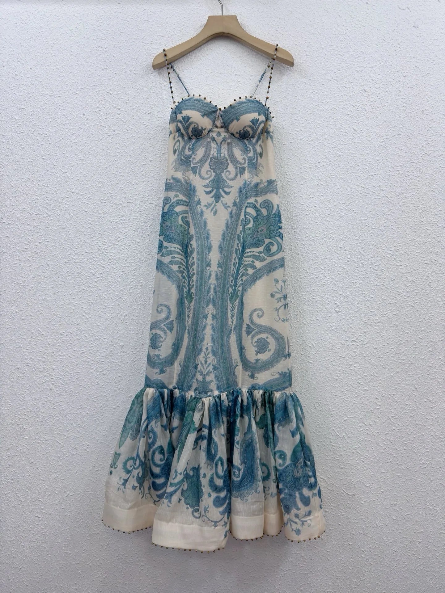 Zimm Silk Linen Embroidered Flares Printing Spaghetti Strap Women Midi Dress European High Quality Bohemian Vintage Sexy Sweet