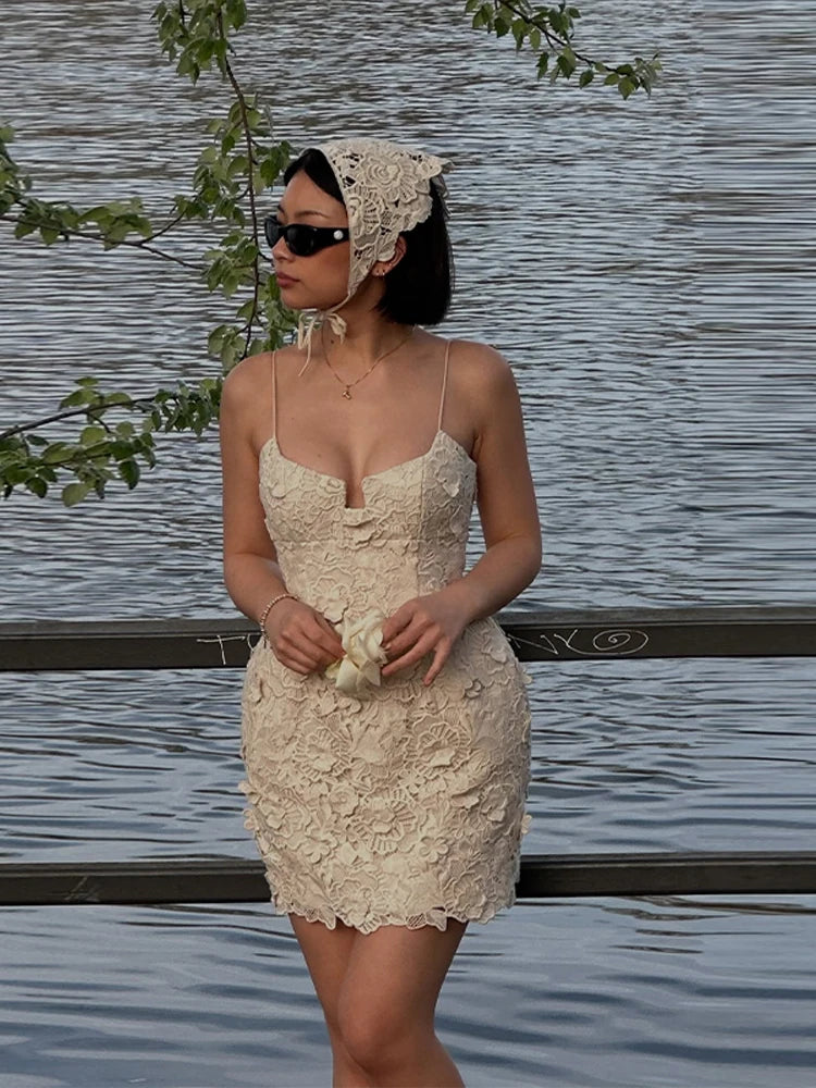 Lace Flower Halter Women Short Dress Crochet