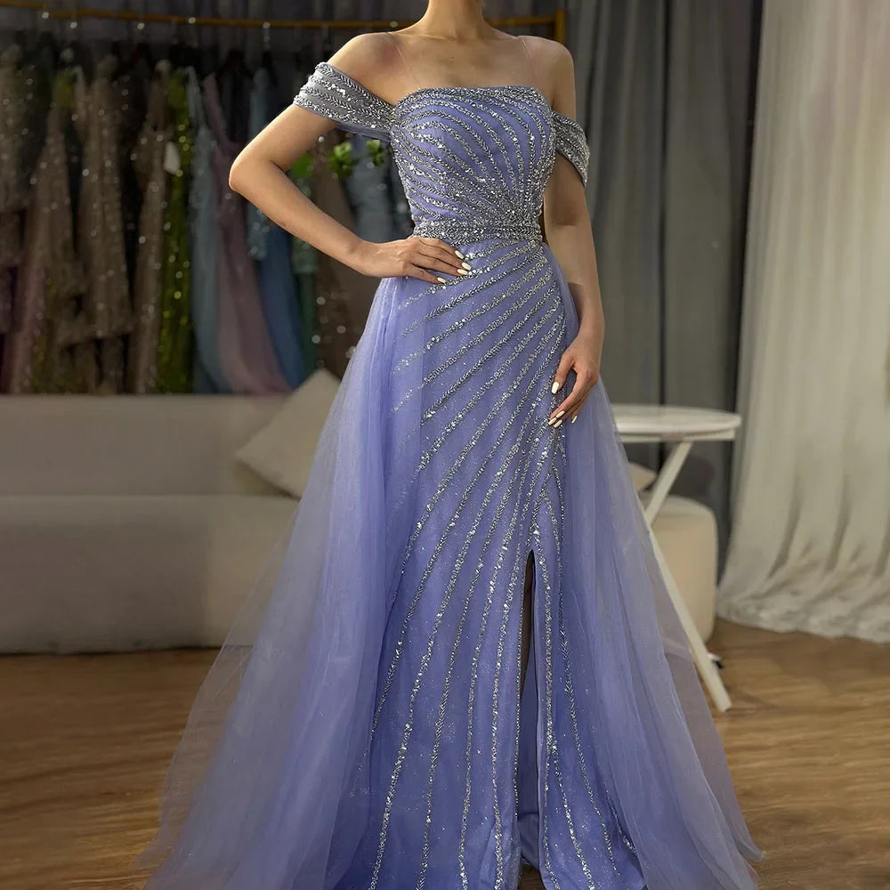 Serene Hill Blue Boat Neck Split Mermaid Elegant Beaded Arabic Evening Dresses Gowns For Party 2024 GLA71858 Customized