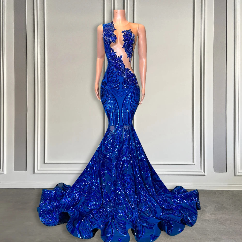 Elegant Royal Blue Mermaid Prom Dress For Black Girl Sparkly Lace Sequined African Women Long Prom Birthday Gowns Customized