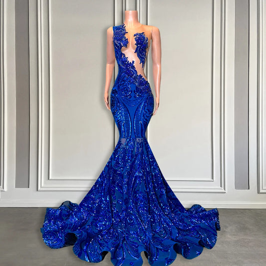 Elegant Royal Blue Mermaid Prom Dress For Black Girl Sparkly Lace Sequined African Women Long Prom Birthday Gowns Customized