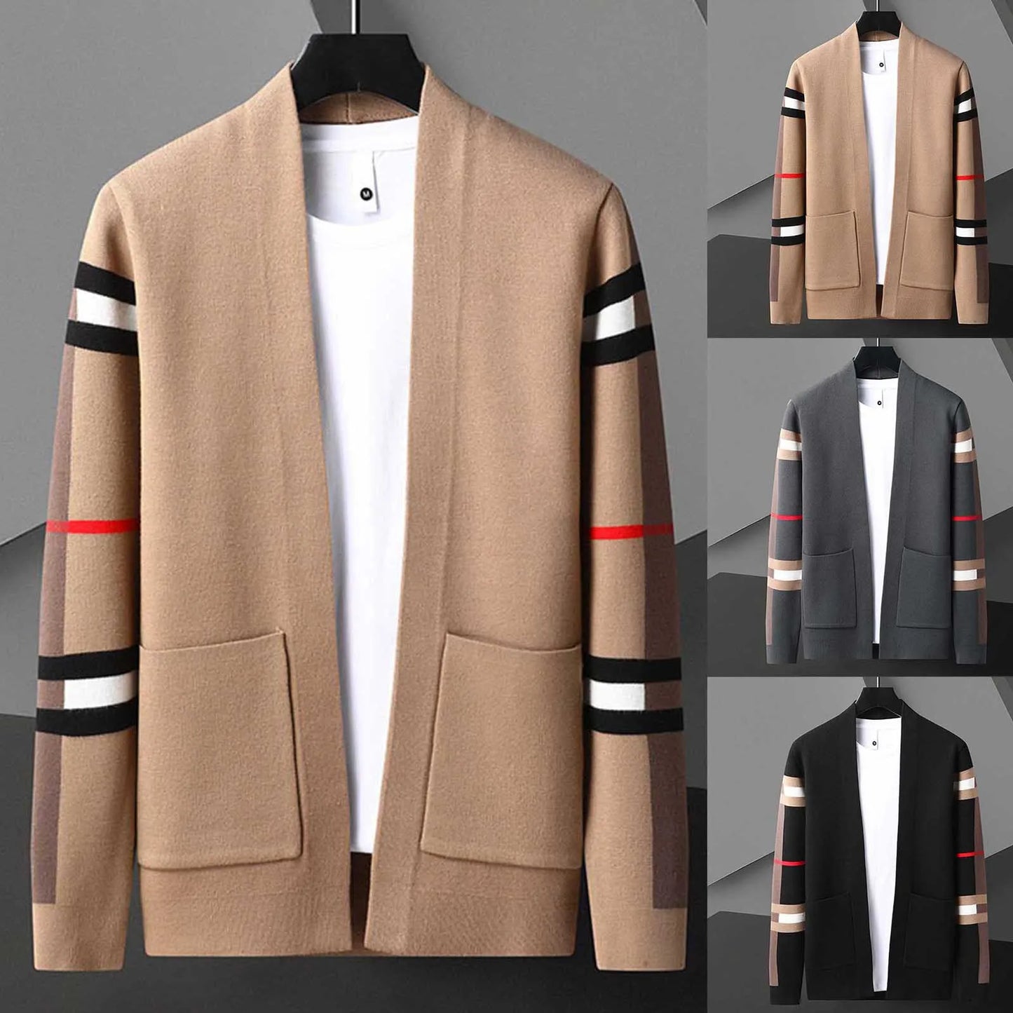 Open Front Men's Sweater Cardigan Winter Thick Long Sleeve Knit Sweater Coat Streetwear Pockets Korean Formal Men's Outerwear