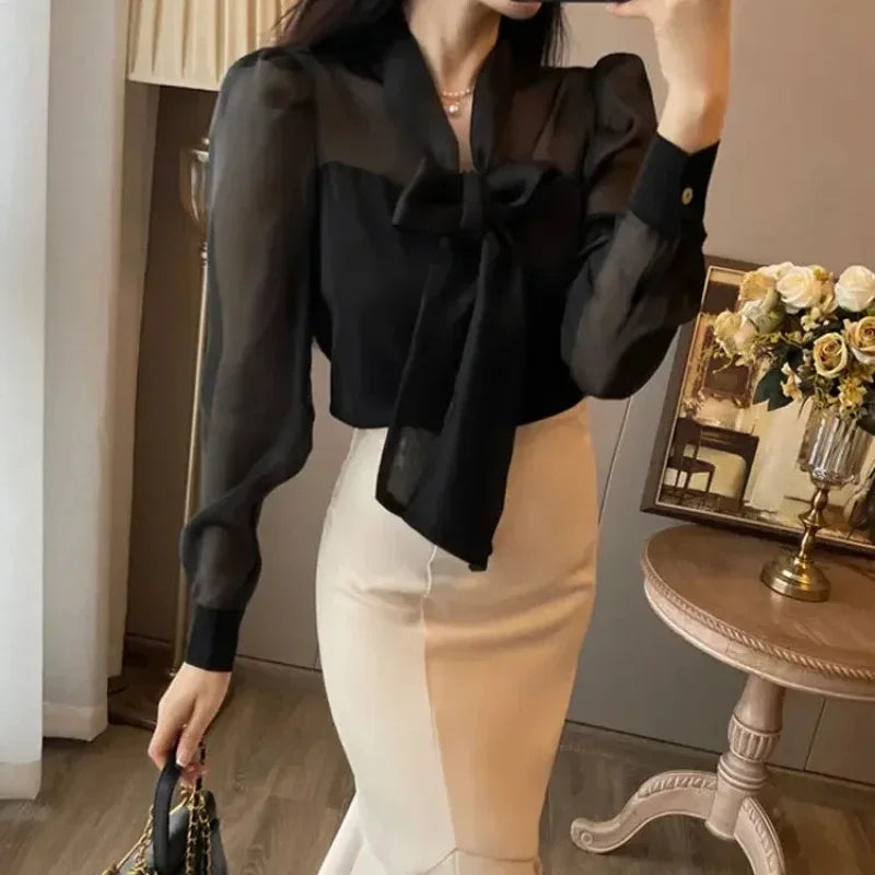 Woman Long Sleeve Dress Bow Dresses for Women Splicing Korean Style Elegant Party Xxl New In Retro Curvy Thic Chic Kpop Pretty X