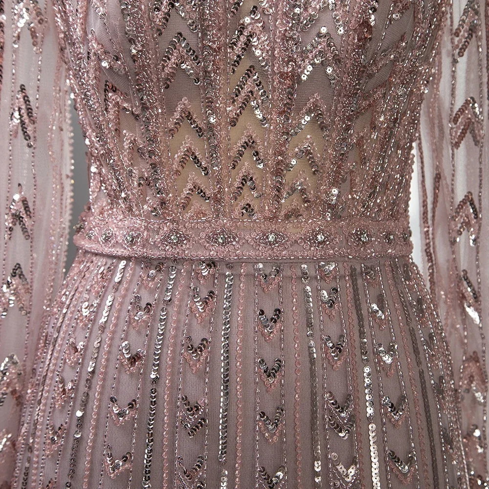 Pink Mermaid Elegant O-Neck Long SleevesEvening Dresses Gowns Luxury Beaded 2024 For Woman Party Customized