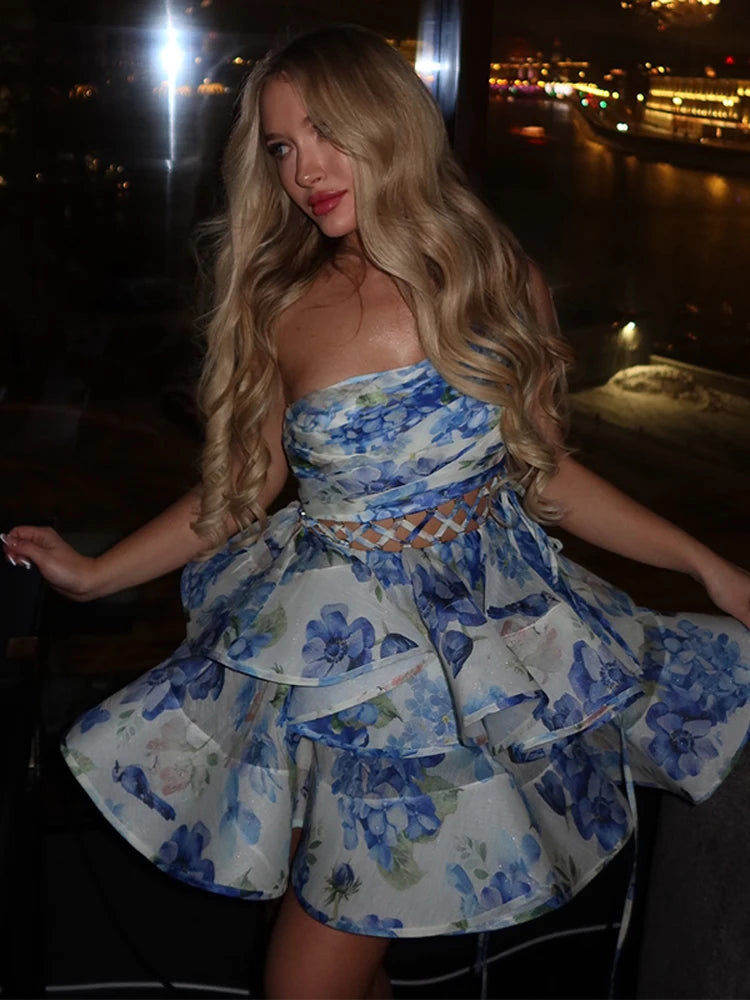 Single Shoulder Hollow Out Dresses Woman Pleated Printed Sleeveless Short Dress Elegant Fashion New Women's Fluffy Mini Dress