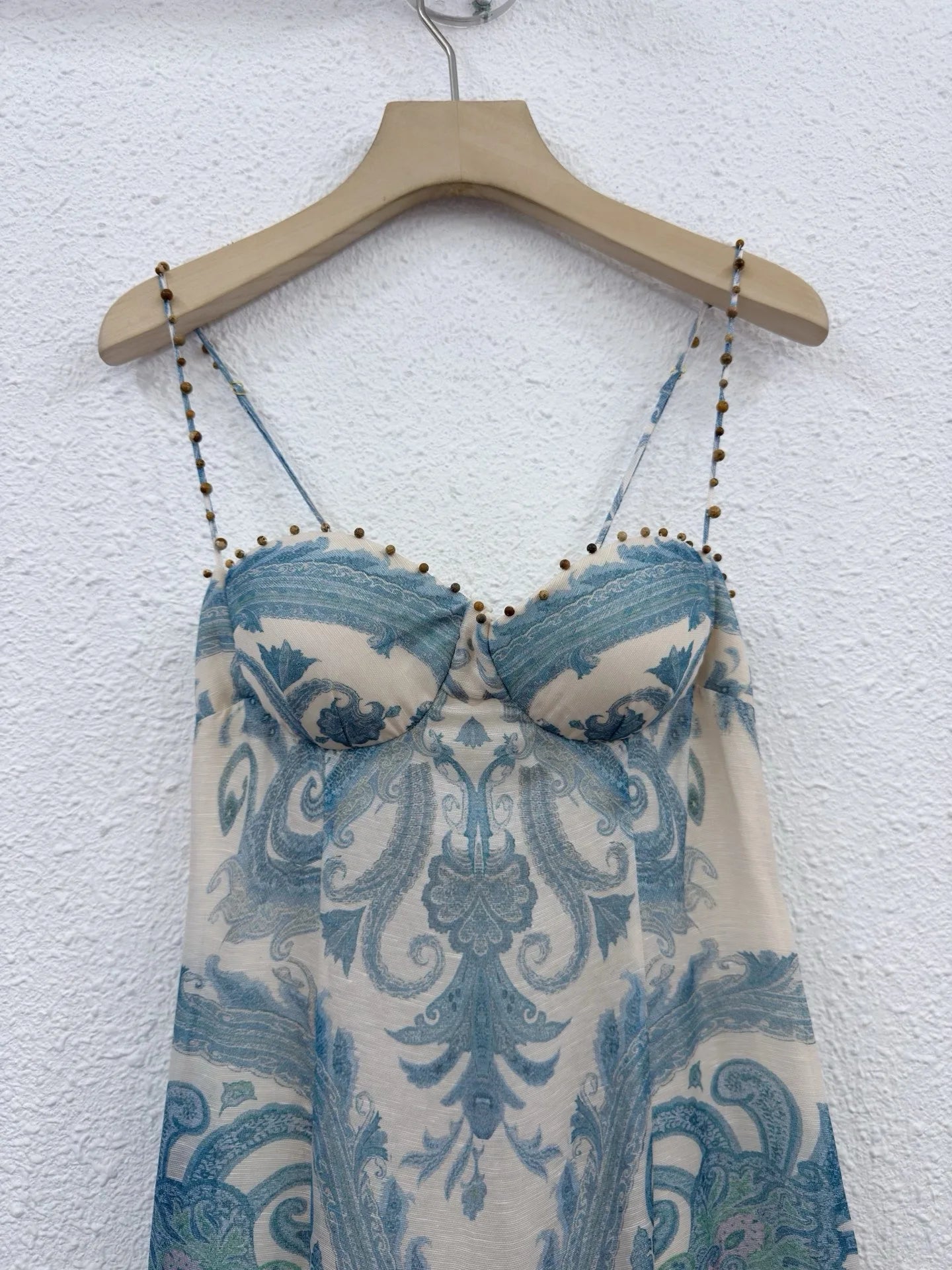 Zimm Silk Linen Embroidered Flares Printing Spaghetti Strap Women Midi Dress European High Quality Bohemian Vintage Sexy Sweet