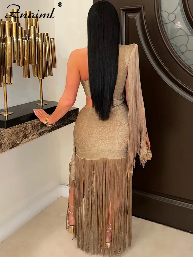 Znaiml Women's One Shoulder Diagonal Collar Fringe Dress Summer Hollow Out Tassel Vacation Birthday Evening Night Club Vestidos