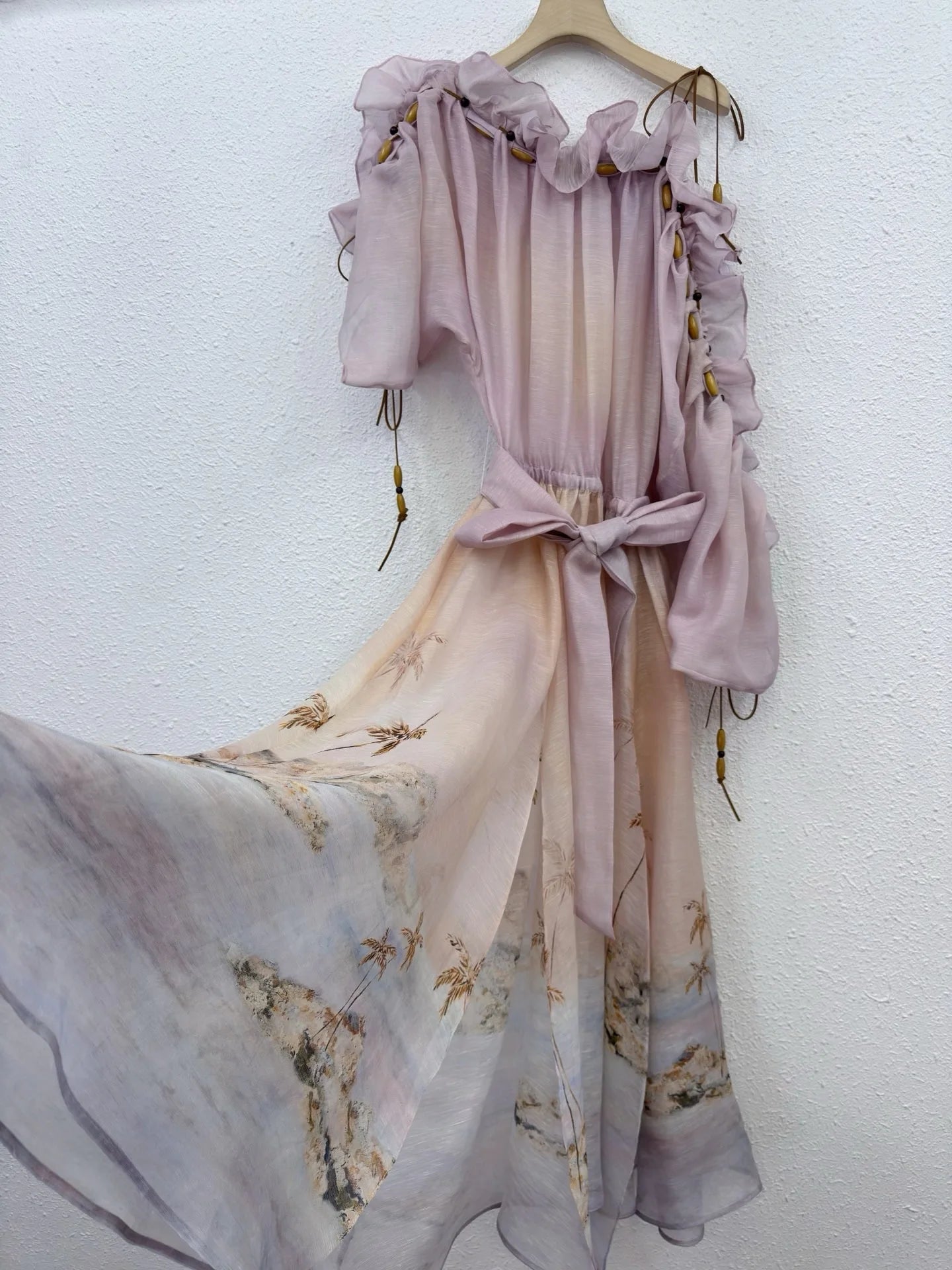 Zimm Women Silk Linen Printing Slash Neck Midi Dress Chic Vintage Bohemian Elegant Luxury High Quality Beach Style Runway Sweet