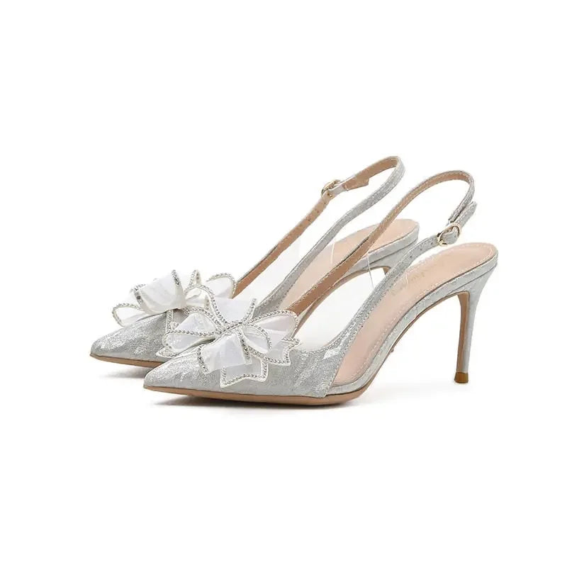 Transparent Thin Heels Women's Shoes Footwear Silver Pointed Toe Sandals for Woman Bow Rhinestones High Summer 2024 Asian Size H