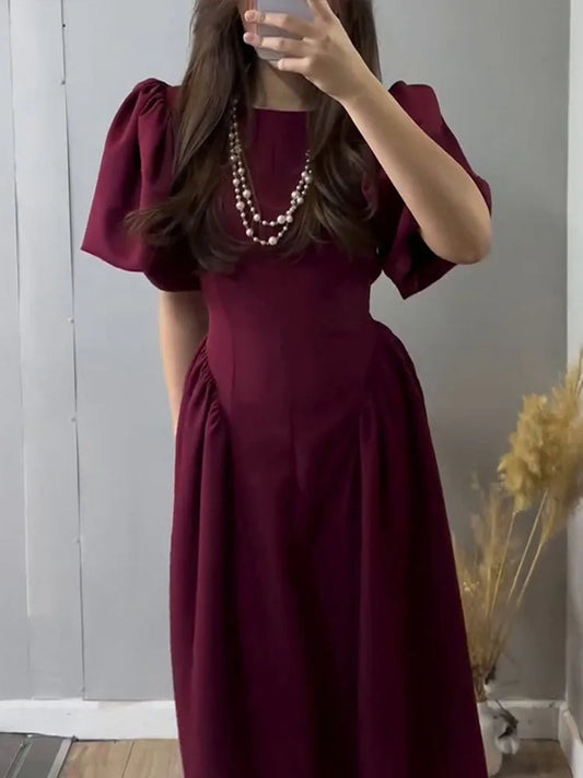 Puff Short Sleeve Solid Women Dresses O Neck A Line Lady Maxi Dress 2024 Fashion Elegant Vintage High Waist Female Vestidos