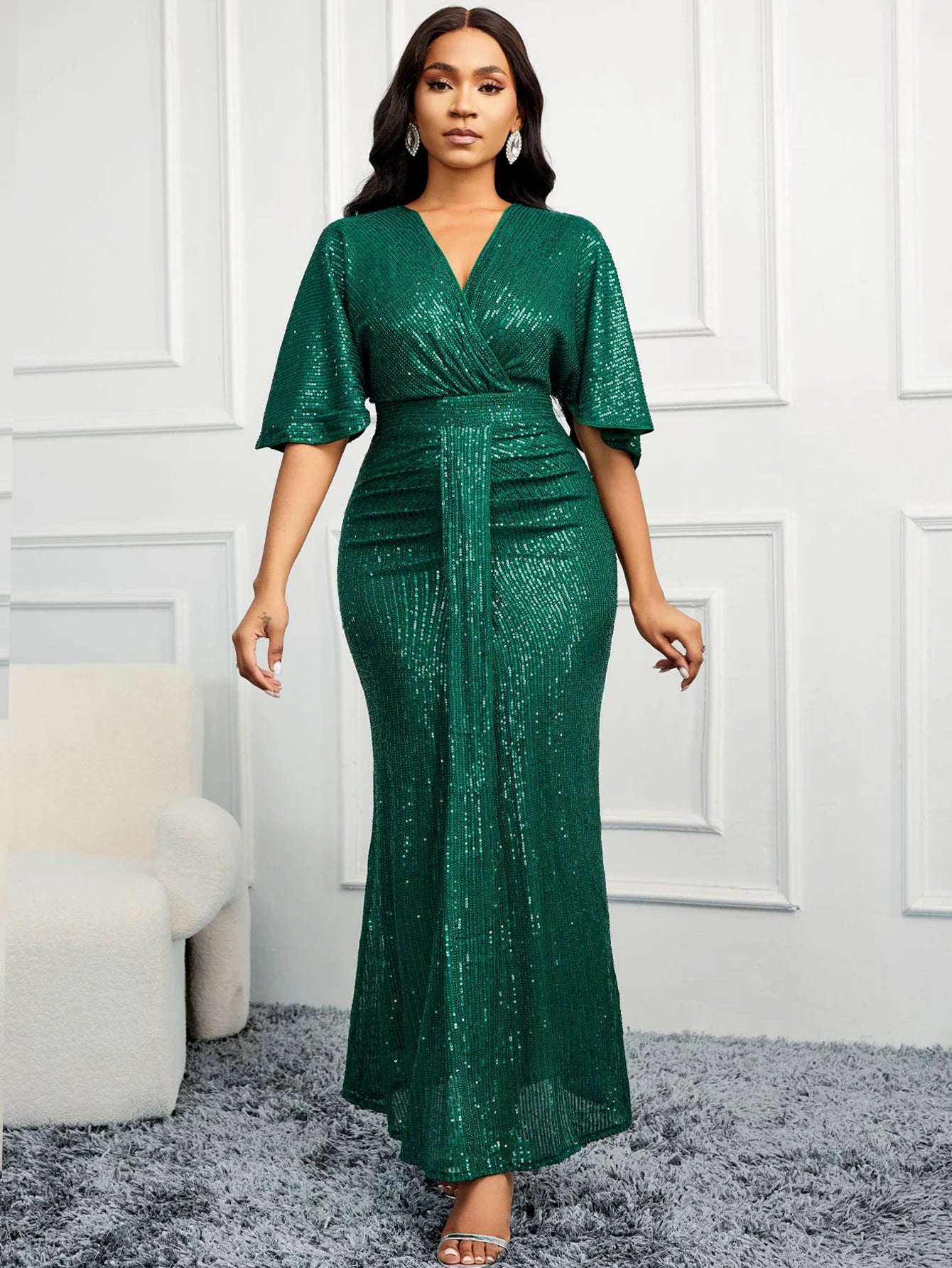 Women Sequin Dress elegant V-Neck