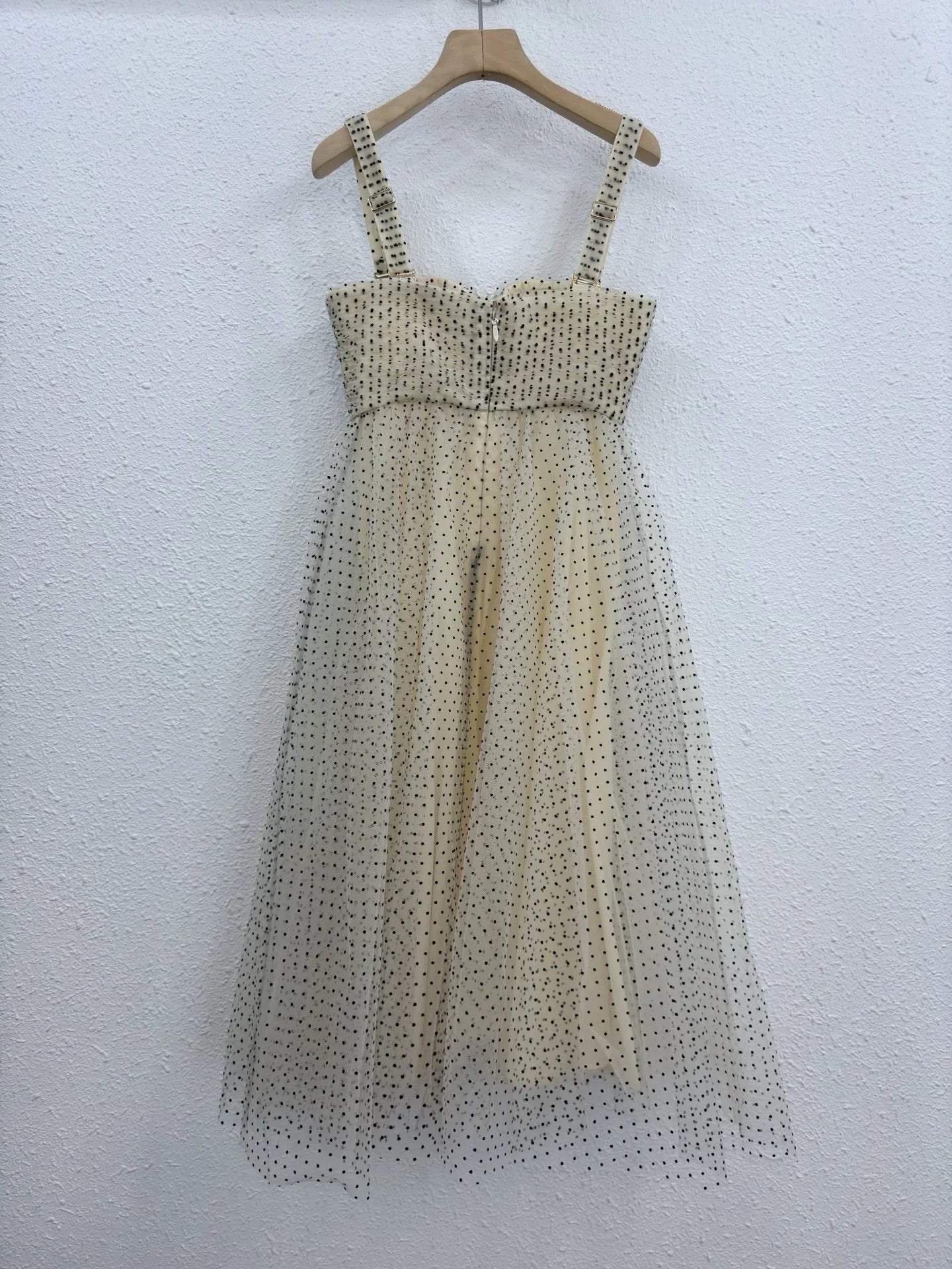 Zimm Bohemian Vintage Runway Designer Spaghetti Strap Women Dot Mesh Midi Dress European High Quality Sexy Sweet Elegant Chic