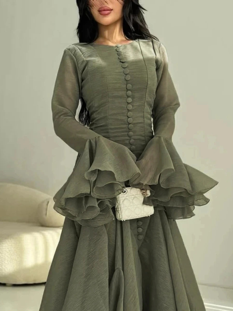 TWOTWINSTYLE Solid Slimming Spliced Folds Dresses for Women Round Neck Long Sleeves Patchwork Buttons Dress Female Clothing New