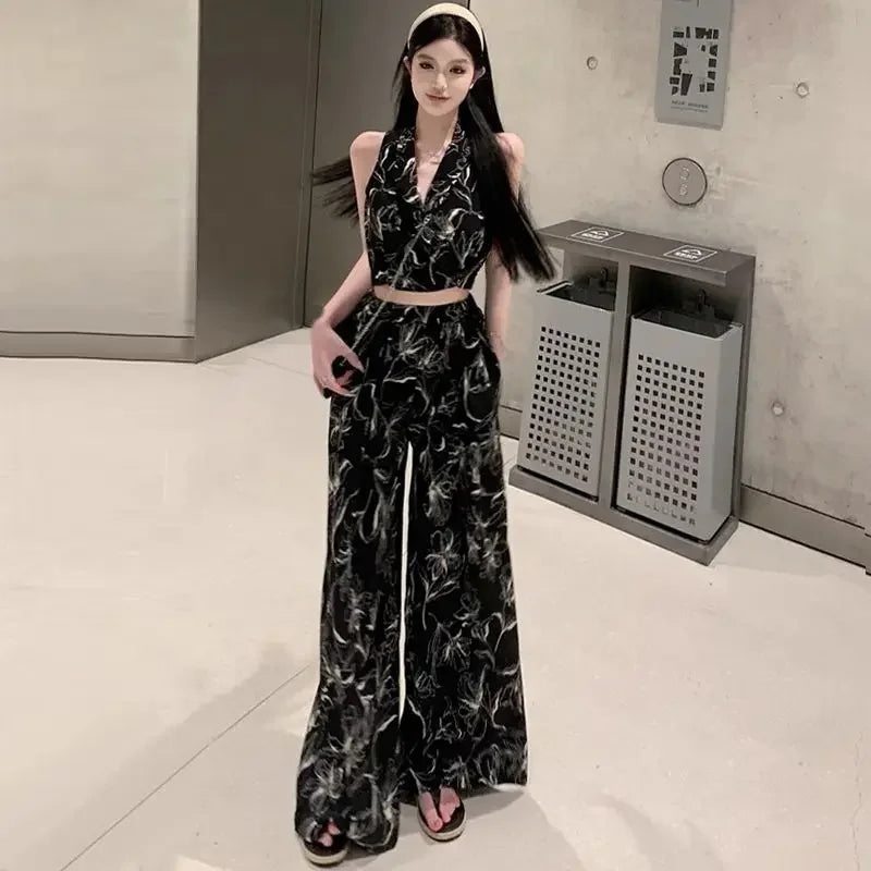 Women's Top And Pants Two Piece Set Summer 2024 Printing Wide Leg Ladies Trouser Y2k Streetwear With Sleeve Offer Korean Style