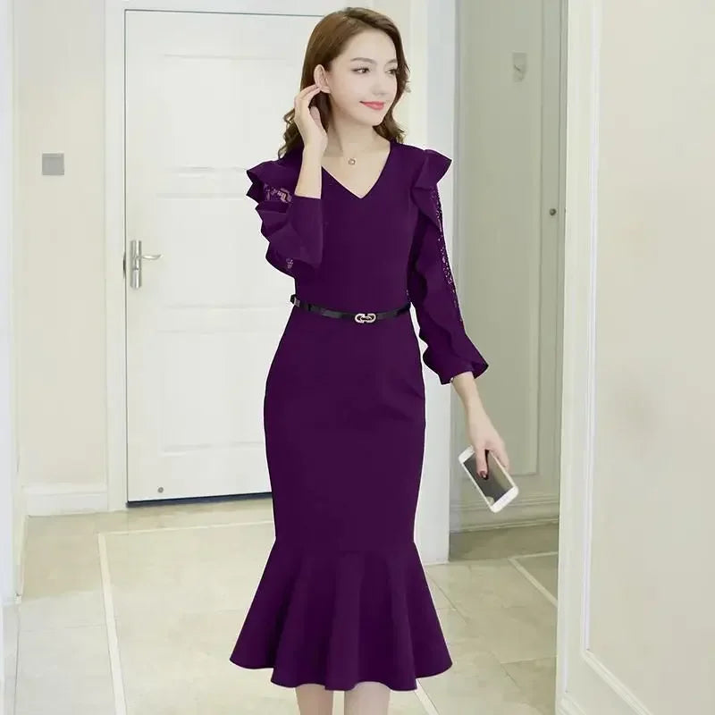 Chiffon Dresses for Women Lace Midi X Korean Style Elegant Chic Beautiful Fashion Designer Hot Vintage G Woman Long Sleeve Dress